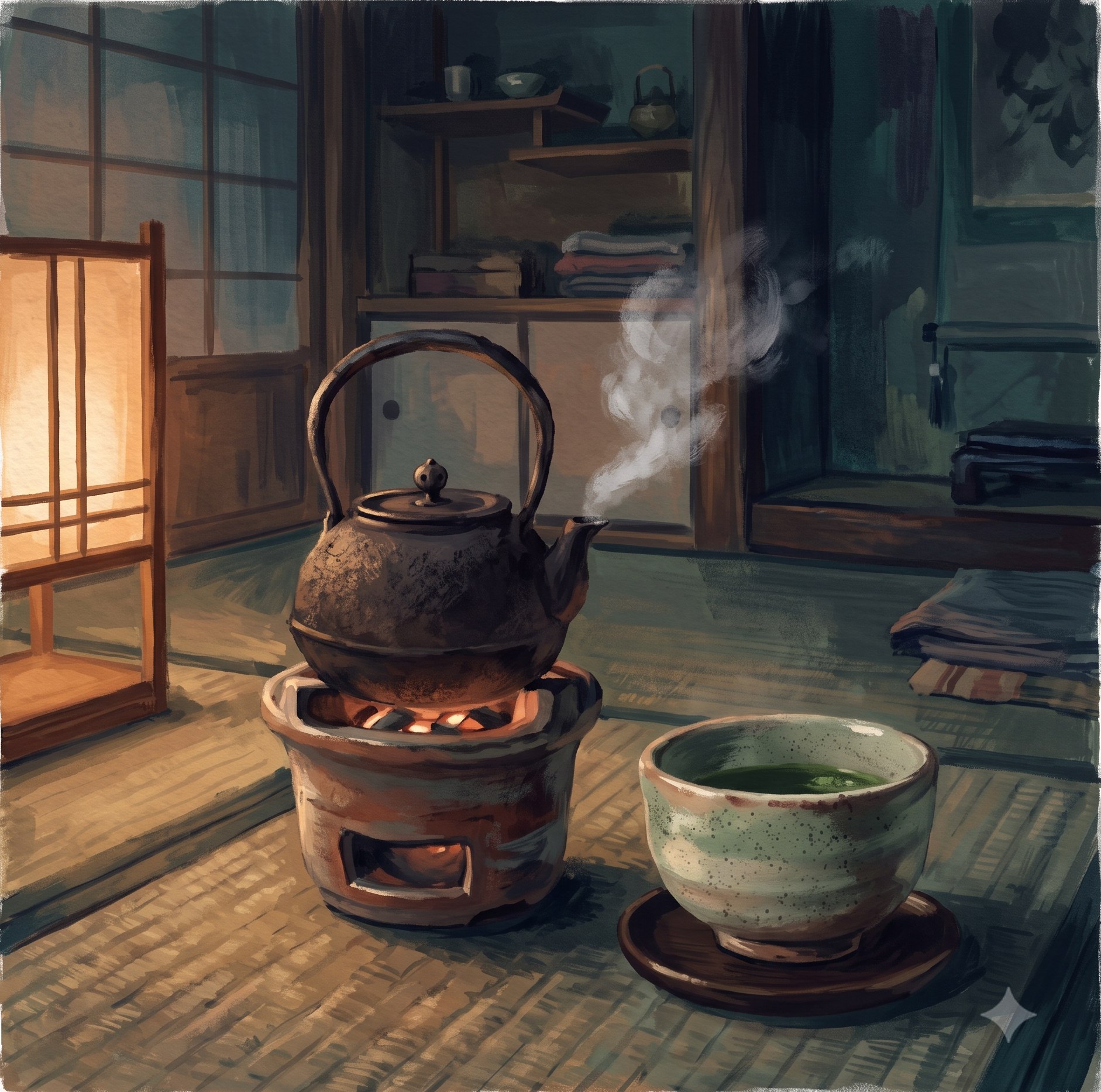 A painted kettle steaming over a small brazier